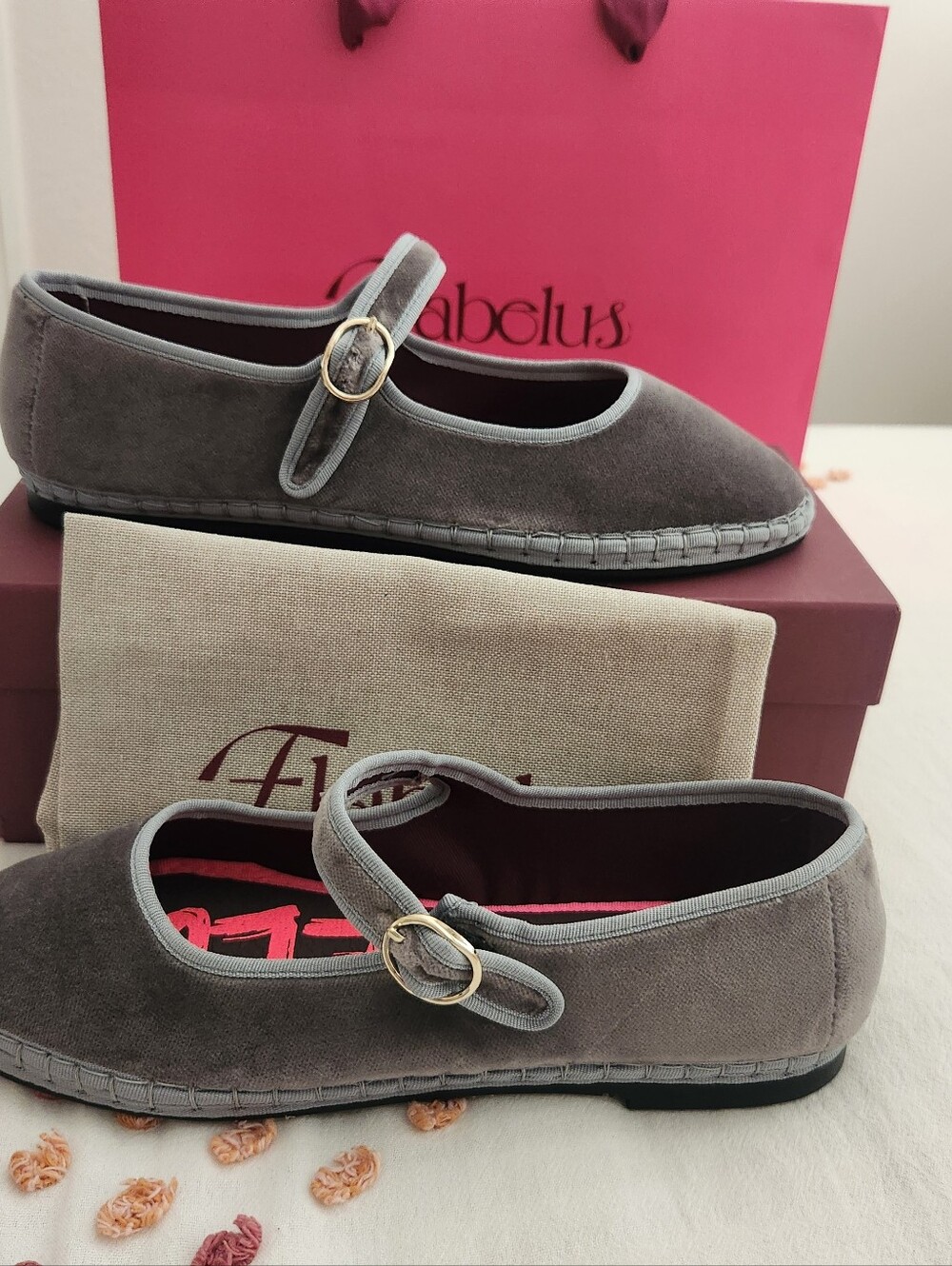 Mary Jane Velvet Flats in Gray with Gold Buckle - BRAND NEW WITH BOX, SHOE BAG,